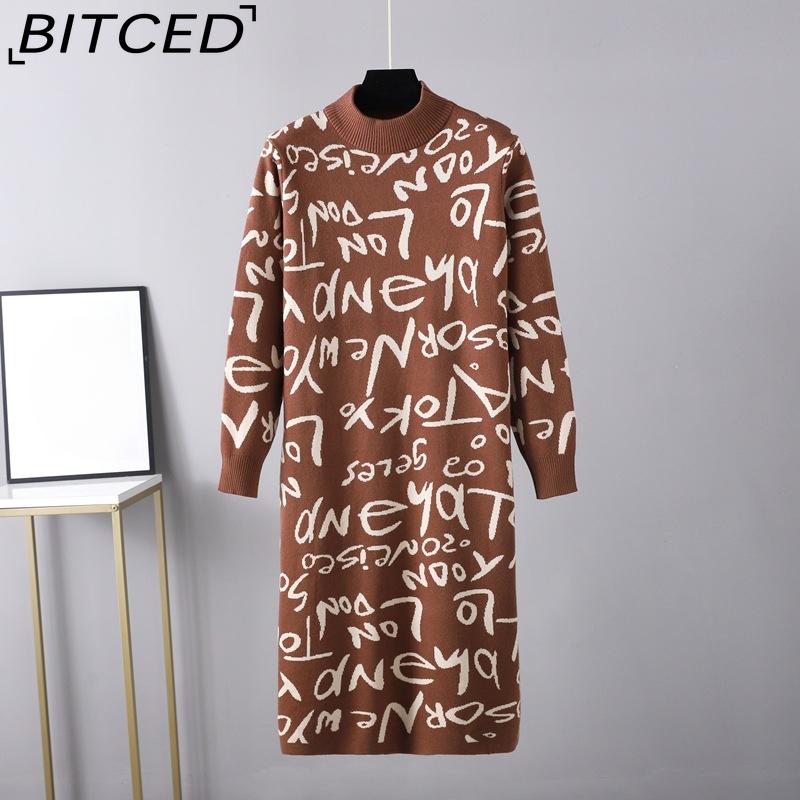 

BITCED Осень-зима Женский винтажный трикотажный свитер с высоким воротом и длинными рукавами с надписью «граффити» One size хаки