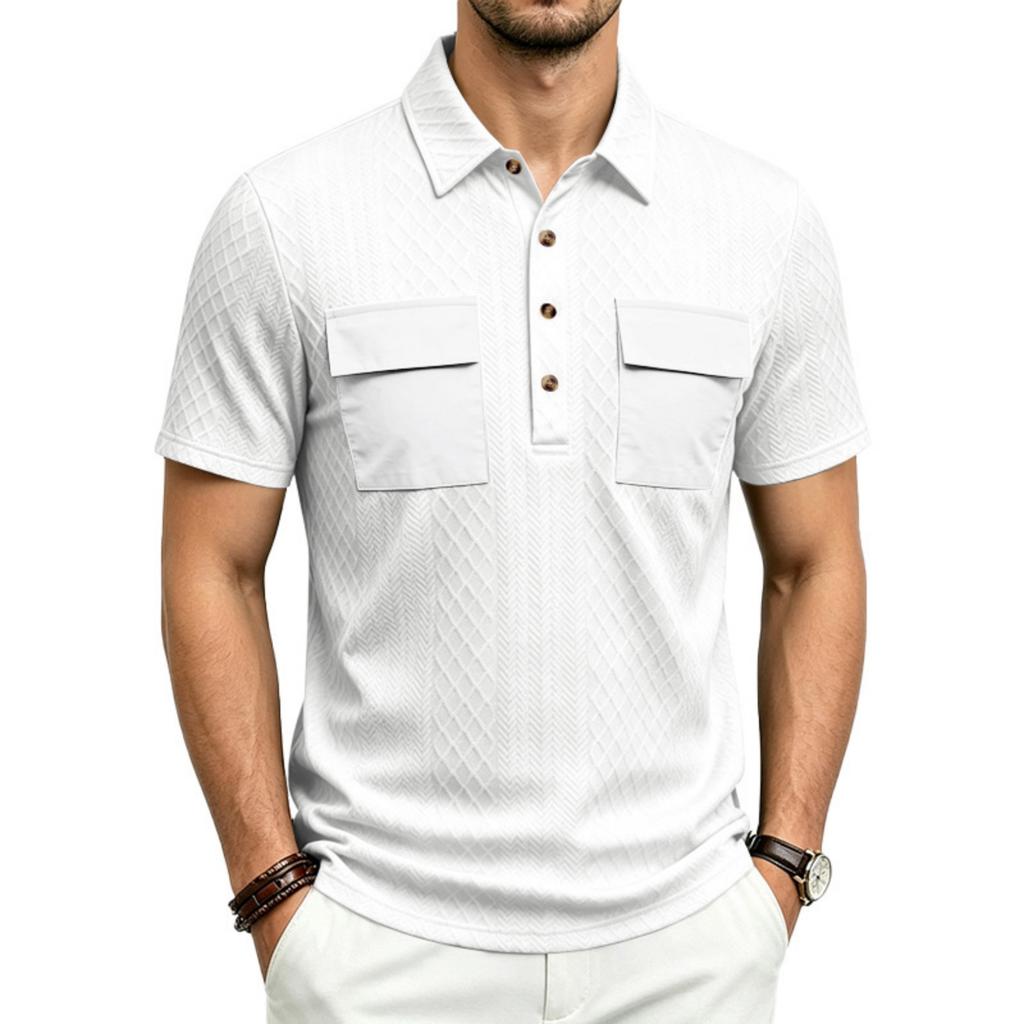 Men Heavyweight Loose Fit Jacquard Polo Shirt Workwear Multi Pocket Casual Short Sleeve Outdoor Shirt with Contrast Details