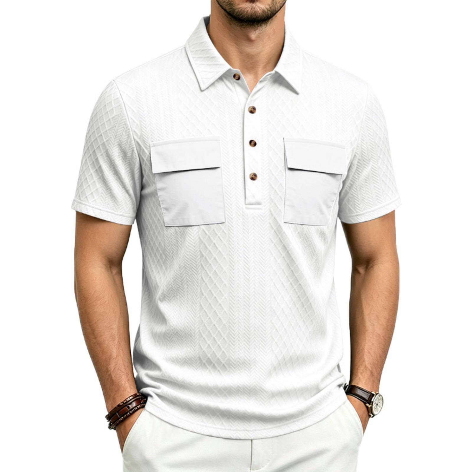 Men Heavyweight Loose Fit Jacquard Polo Shirt Workwear Multi Pocket Casual Short Sleeve Outdoor Shirt with Contrast Details L белый