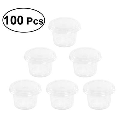 100 Peças Copos de Gelatina Transparentes Descartáveis Com Tampas Planas Copos de Porção Para Molhos Condimentos Mousse Sobremesa Recipientes de Armazenamento Sem BPA