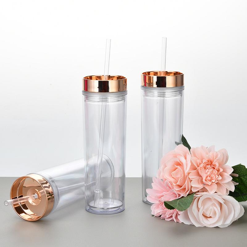 16Oz Double-Layer Plastic Straw Cup, Simple Skinny Straight Cup, Fixed Rose Gold Electroplated Lid Water Cup