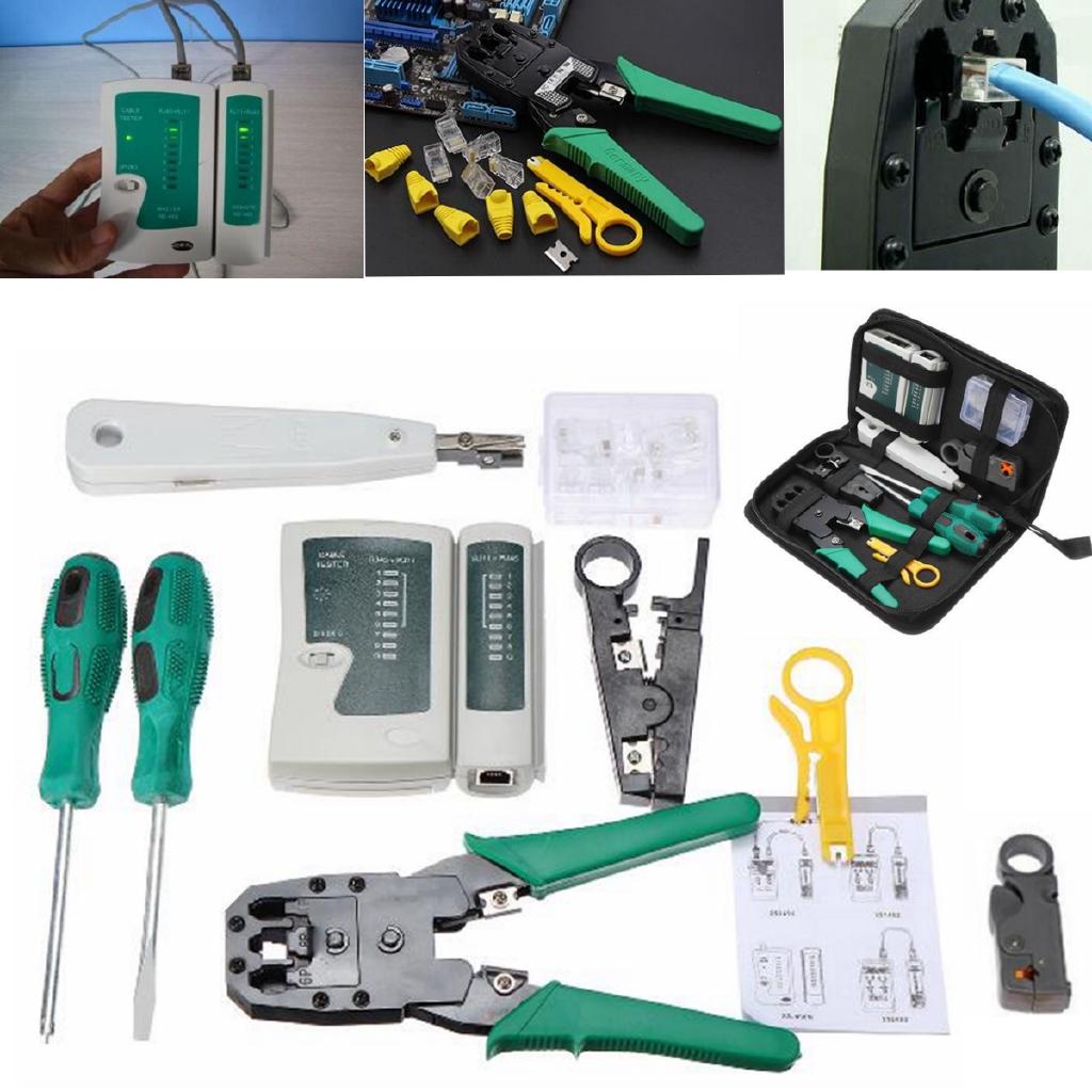 11PC LAN Network Crimper Plier Hand Tool Repair Cable Tester Cat5 Ethernet Connector Test RJ45 Stripping Cable Mak Kit