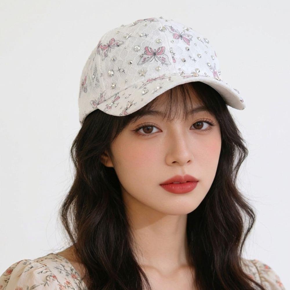 Lace Bow-knot Rhinestone Baseball Cap Sun Protection Lightweight Breathable Sun Hat All-match Adjustable Beach Hat