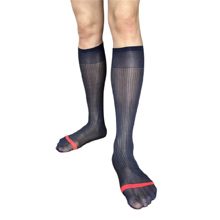 Chaussettes pour homme à rayures contrastées, transparentes, style costume, haute élasticité, confortables, respirantes, ultra fines, au-dessus du mollet, pour le travail