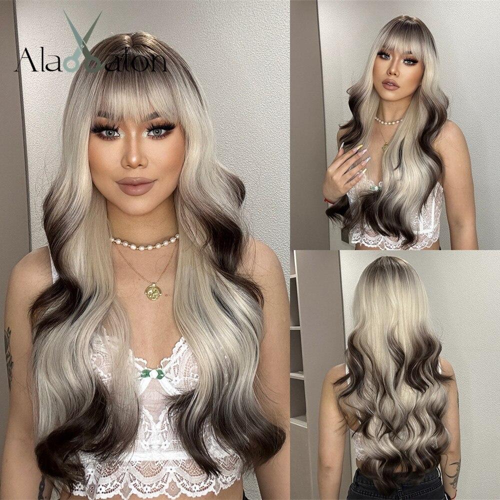 ALAN EATON Brown Highlight Layered Boby Wavy Wig Long Natural Mixed Synthetic Wig Women Daily Hair with Bangs Heat Resistant Wig