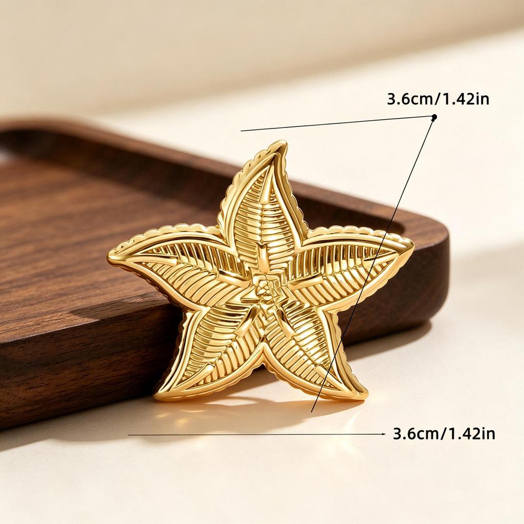 18K Gold Plated Stainless Steel Starfish Ring - Open & Adjustable, Retro Exaggerated Design