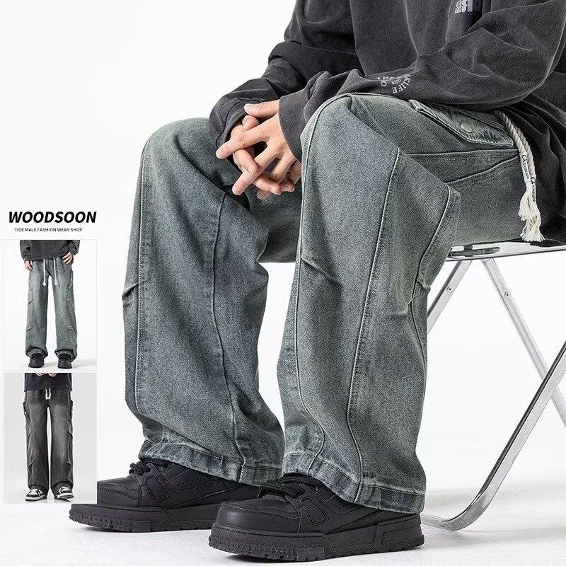 JYL Men's Parachute Pants American Vintage Pleated Patchwork Winter Loose Straight Denim