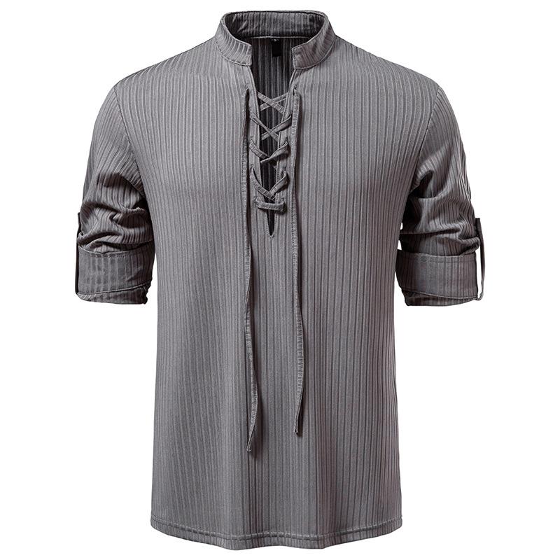 Men's Lace-Up Stand Collar Striped Shirt Long Sleeve Casual Top for Men Spring Autumn Fashion Multi-Color Textured Male Blouse