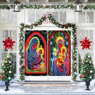 Christmas Door Cover Decoration 35x71inch Large Festive Glowing Backdrop Covers Photography Banner Porch Sign For Indoor Outdoor