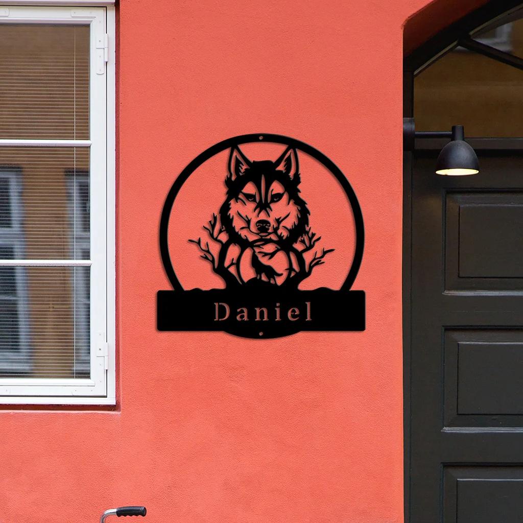 Wolf Metal Wall Art Rustic Home Decor Personalized Sign for Garage Man Cave Gift