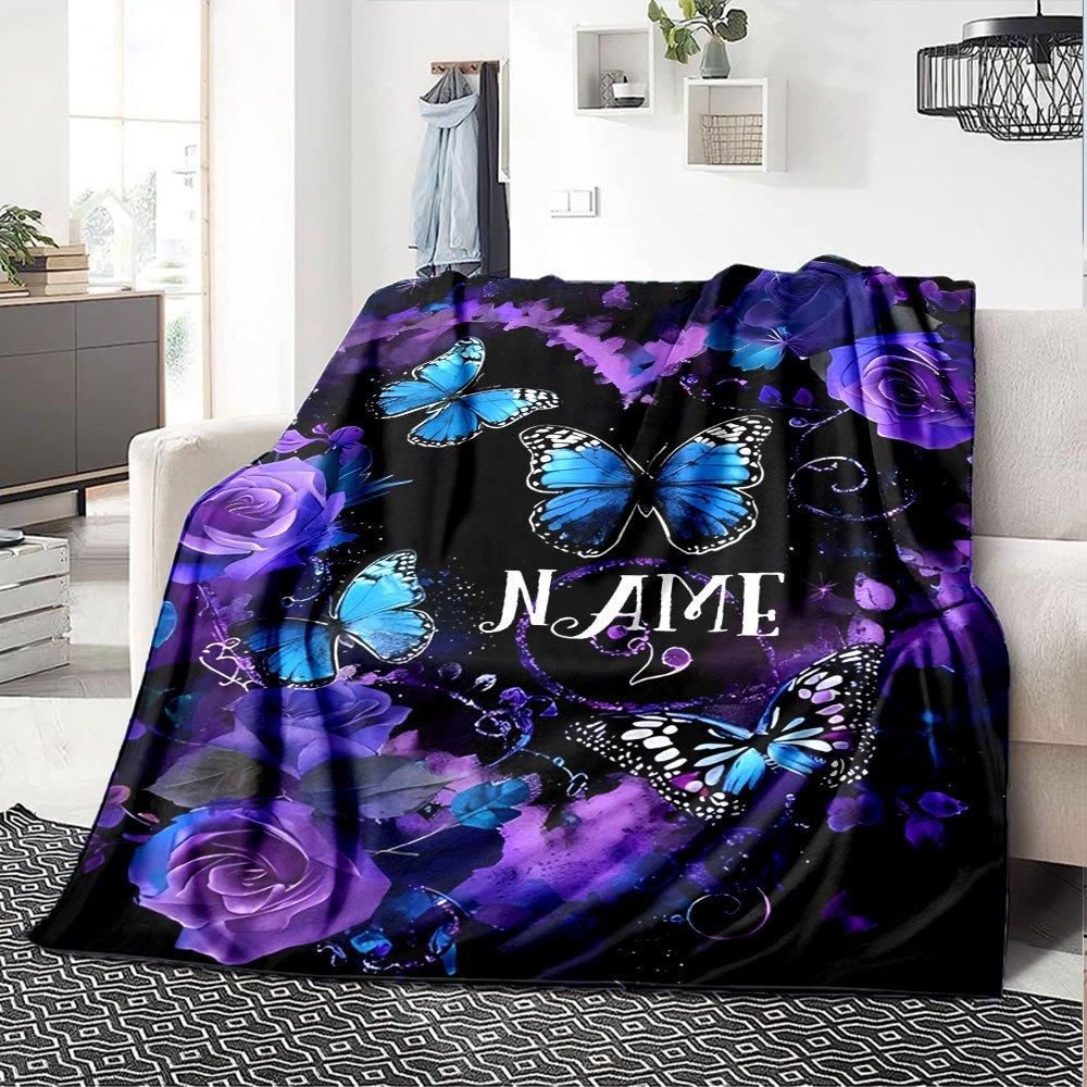Purple Butterfly And Rose Design Home Customize Your Name Blankets Soft Cozy Lightweight Versatile For All Seasons Perfect For Picnics Sofa Relaxation