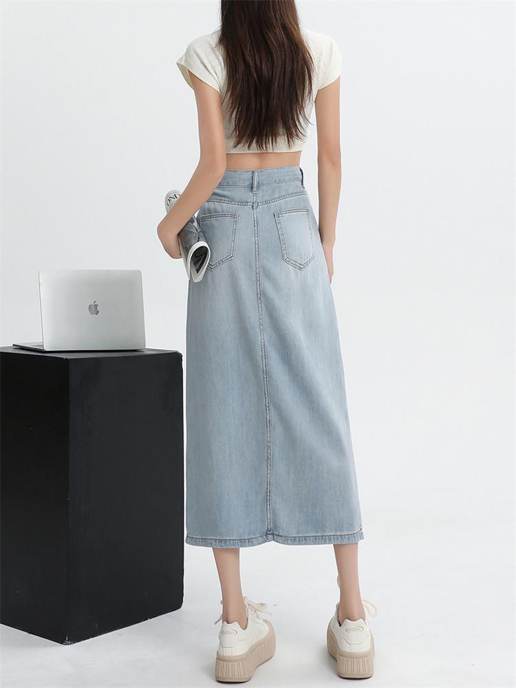 Women's High-Waist Blue Lyocell Denim Skirt, Summer 2026, Mid-Length A-Line with Front Slit