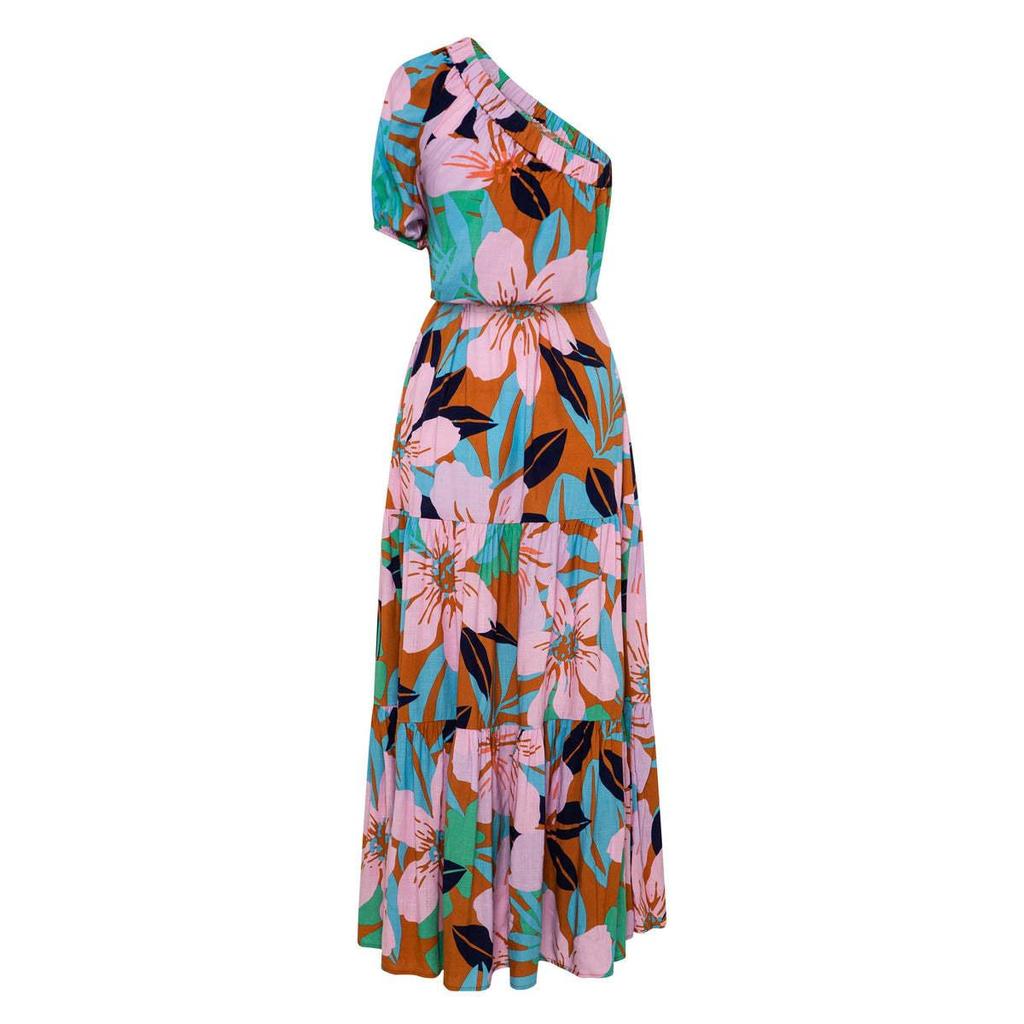 Women Spring Summer Strapless One-Shoulder Print Ankel-Length Dress V-neck High Waist