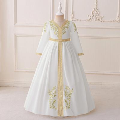 Girls' Long Sleeve Embroidered Chiffon Evening Dress with Ribbon Skirt