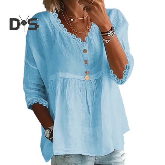 Dámská košile s výstřihem do V, 3/4 rukávy, volný střih, krajkové vsadky, jednobarevná, volný střih, prodyšná, ležérní košile