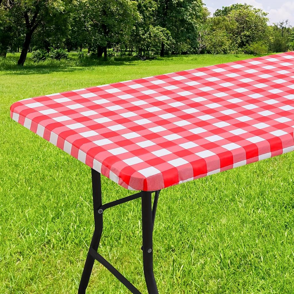 Waterproof Vinyl Tablecloth with Flannel Backing - Stylish Buffalo Check, Elastic & Non-Slip - Ideal for Dining, Camping