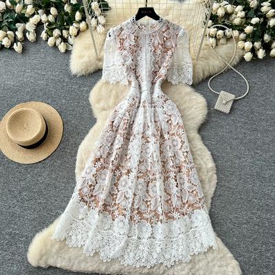 Elegant Hook Floral Hollow Lace Dress Summer Clothes Women O-Neck Short Sleeve Slim Waist Long Evening Party Dress