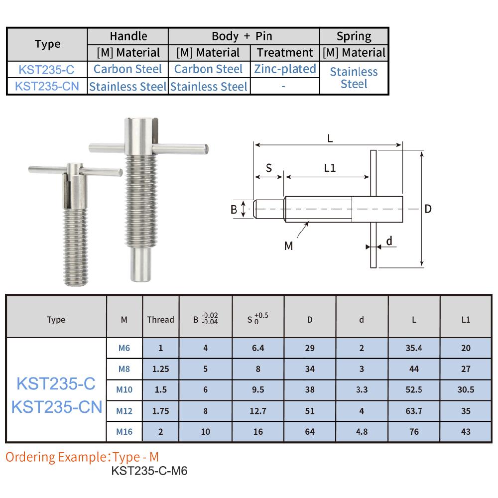 T-Handle Retractable Stainless Steel Self-Locking Spring Pins Indexing Plungers M6/M8/M10/M12/M16 Coarse Thread