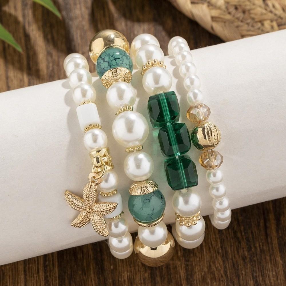 4pcs/set Ethnic Style Simulated Pearl Bracelets Multilayer Hand Chain Summer Accessories
