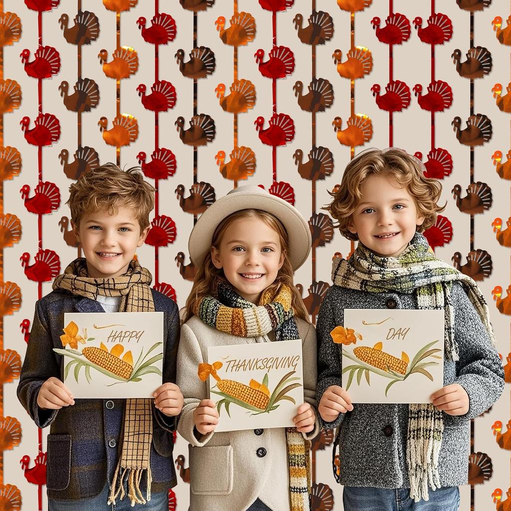 Thanksgiving Decorations, 2 Pack 3.3 x 6.6 Ft Red Orange Brown Turkey Metallic Tel Foil Fringe Curta Streamers Backdrop for Fall Thanksgiving