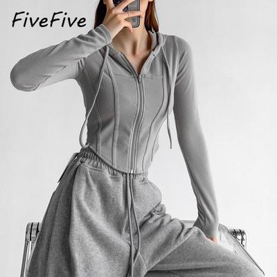 FiveFive Fashion Women Sweatshirt Long Sleeve Casual Y2k Hooded Sweatshirt Cropped Hoodie
