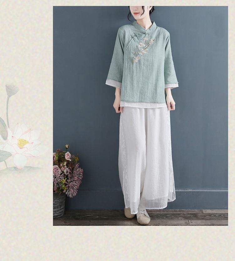 Koszula damska retro z bawełny i lnu: Haftowane, w stylu chińskim, stójka, rękawy trzy czwarte, luźny krój, bluzki na wiosnę i lato