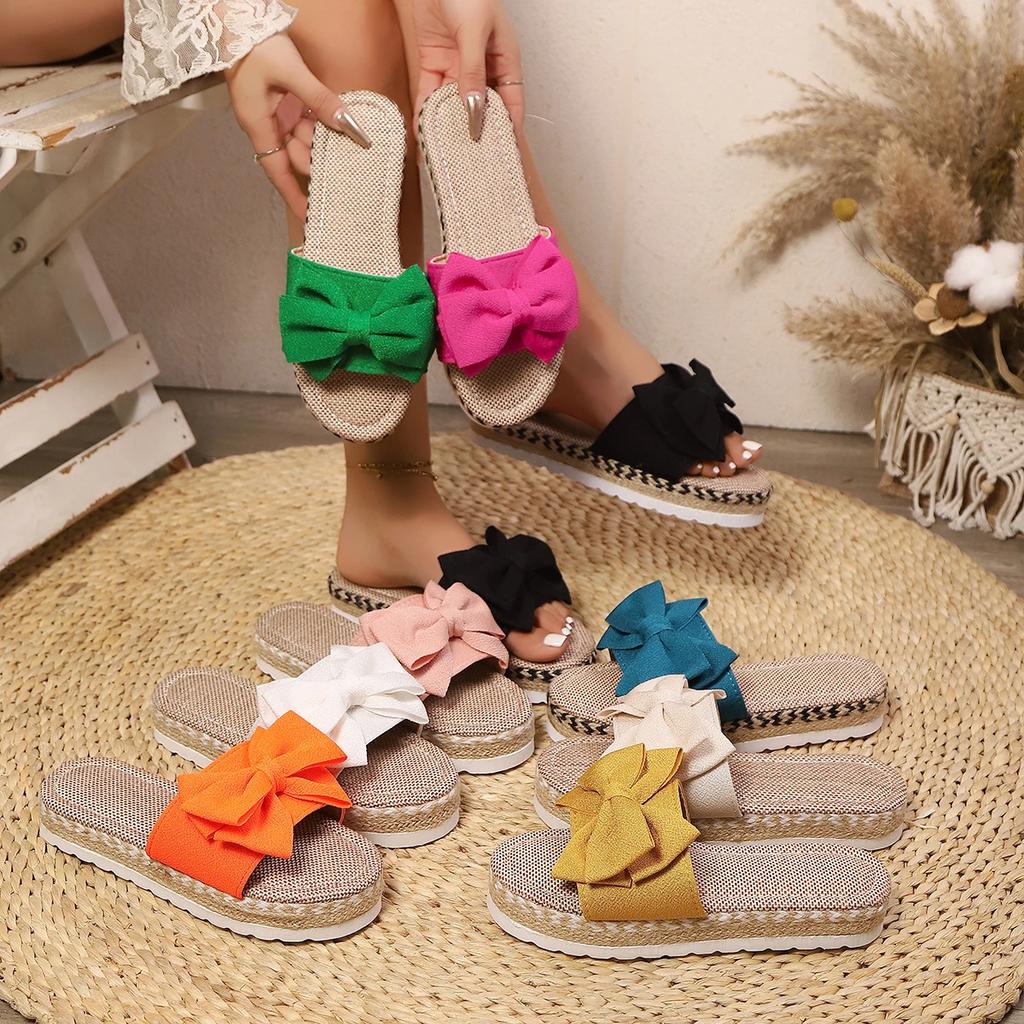 Fashion Women Slippers 2025 New Casual Home Slippers Cute Linen Slides Women Summer Bow-knot Soft Floor Sandals Indoor Flat Shoes