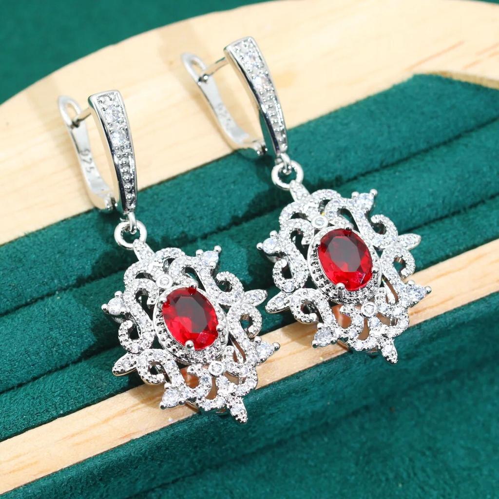 Personalisierte 925 Silber Schmuck Sets für Frauen Hochzeit Rot Zirkon Armband Ohrringe Halskette Anhänger Ring Urlaub Geschenke