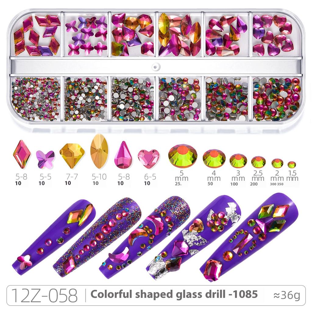 Broca para Nail Art 12 Compartimentos Strass Fundo Plano Broca Formato Especial Unha Vidro AB Aurora Transparente Broca Unha Conjunto de Joias para Nail Art