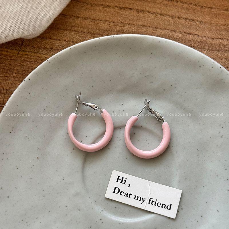 

Dopamine Colored Series Ins Style Small Circle Earrings Women s Summer Sweet Girl Elegant Face-Showing Small Ear Studs Earrings Cream powder earrings-Silver Needle
