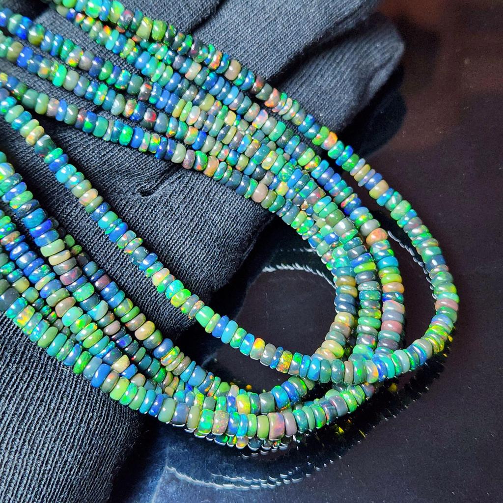 Smooth Polish Rainbow Flashy Rondell Ethiopian Opal Beads, Black Opal strand beads.