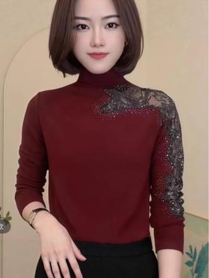 Women's 2025 Slim-Fit Rhinestone Long-Sleeve Top with Semi-High Neck