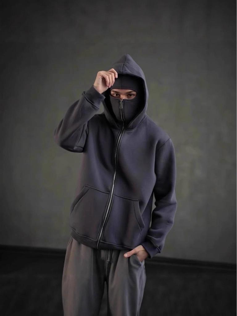 Masque à Capuche Double Couche Unisexe Zippé Style Y2K pour l'Automne/Hiver