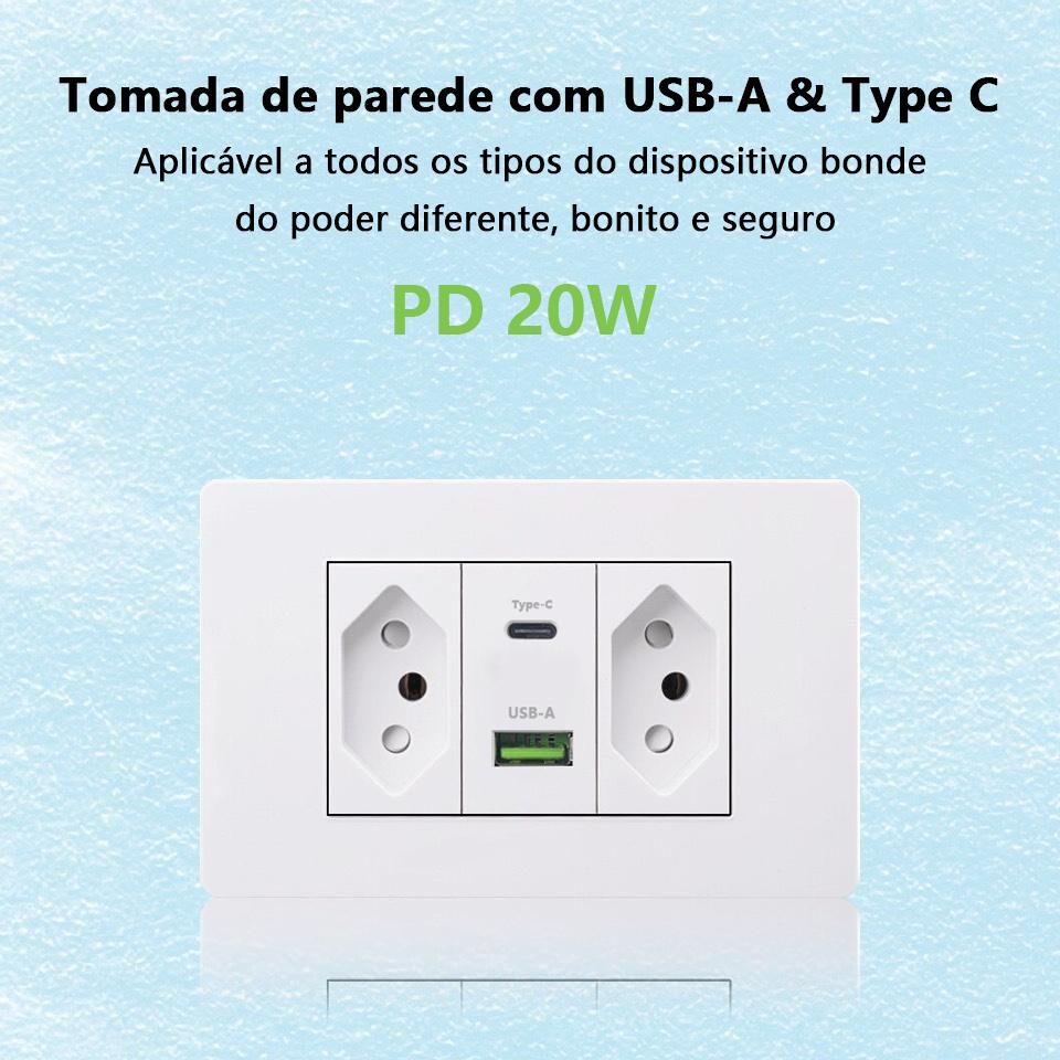 Brazil Standard 20A Wall Power Socket PD 3.0 20W Type-C Dual USB Fast Charge Outlet 118*75mm Flame retardant PC panel Usb Socket