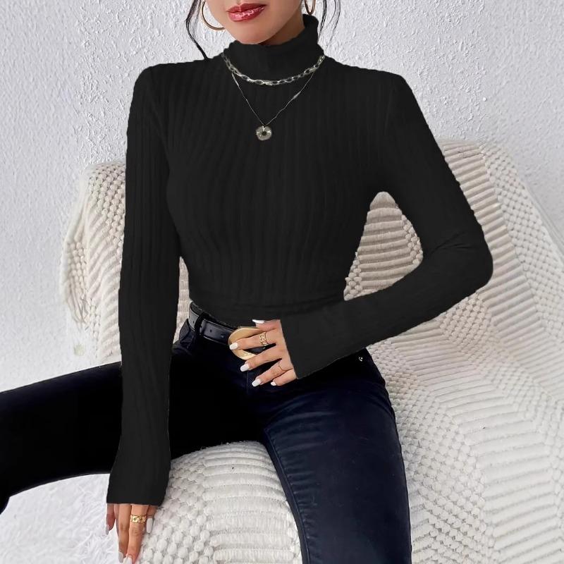 Women's Autumn and Winter High Neck Solid Colour Casual Temperament Long-sleeved Grinding Wool Pit Stripes Knitted T-shirt Tops