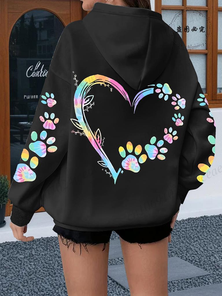 Herz Hundepfote Aufdruck Hoodies Damen Lässig Mode Alleskönner Kapuzenpullover Fleece Warm Neue Pullover Harajuku Trend Kapuzenpullover