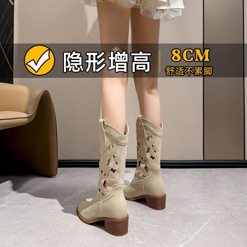Women's Summer Brown Martin Boots Soft Leather Hollow Embroidered Pointed Knight Boots