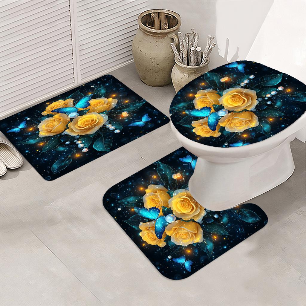 4Pcs Golden Roses And Butterflies Shower Curtain Set with Non-Slip Bath Mat, Toilet Lid Cover, Contour Rug & 12 Hooks, Bathroom Decor