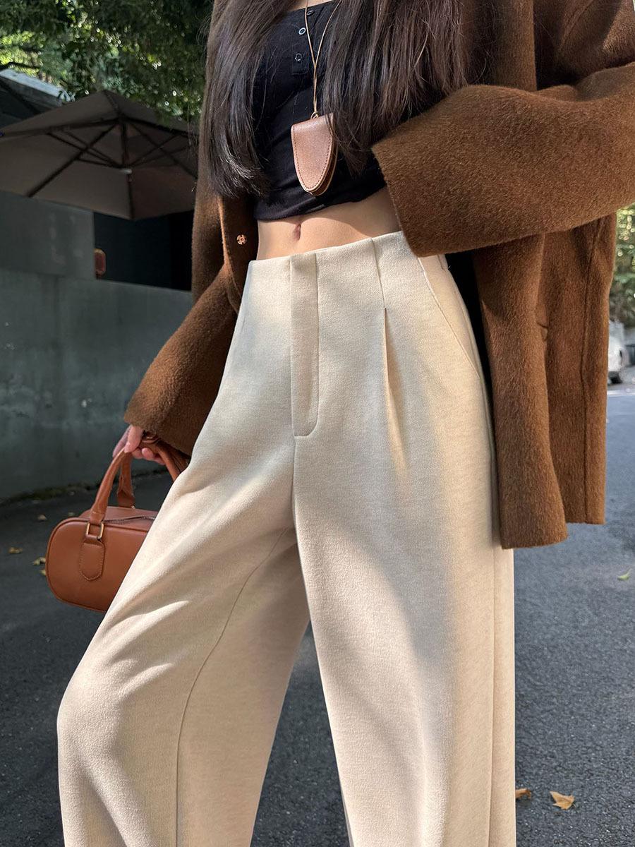 

Women s High Waist Wide-Leg Gray Wool Pants - Fleece-Lined, Thickened, Autumn/Winter Style, Casual Straight Fit. S