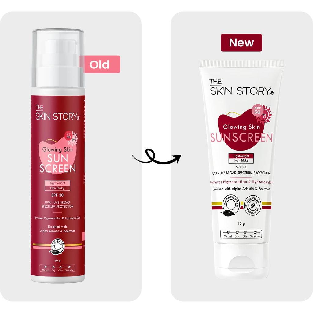 The Skin Story Glowing Sunscreen SPF 30 PA++ | UVA & UVB Rays Protection | Brighter Skin | Anti Pigmentation | Lightweight & Non-Sticky | Enriche