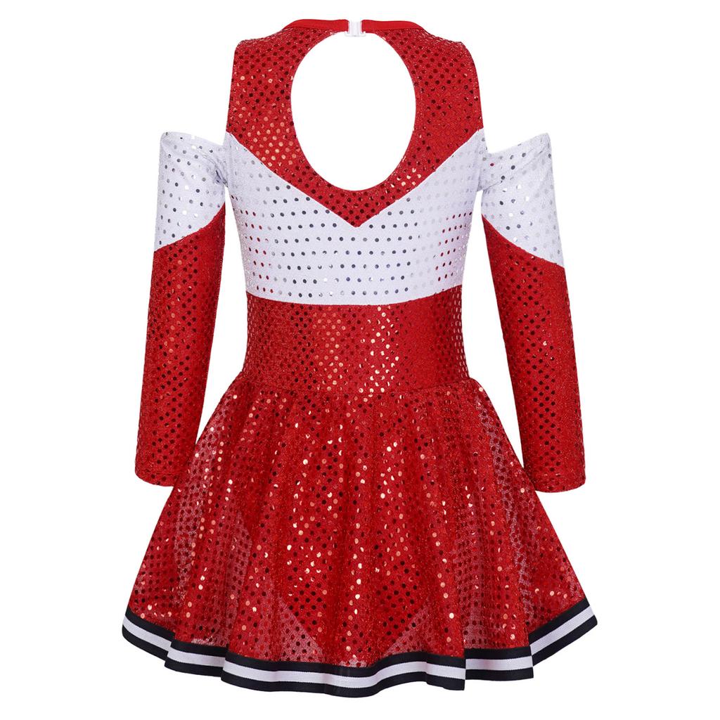 Girls Cheerleading Dress Long Sleeve Off Shoulder Round Neck Contrast Color Shiny Sequins Dance Costume