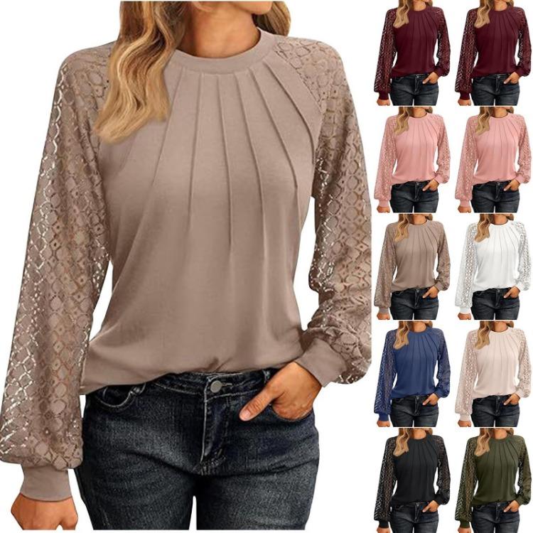 Casual Long Sleeve Lace Ruched T-Shirt Solid Top Round Neck Blouse Fashionable Womens