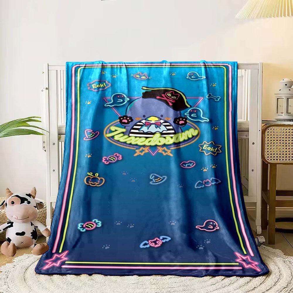 

A penguin in a pirate outfit surrounded by colorful Halloween icons. for all seasons blanket lunch break throw gift 80cm x 120cm