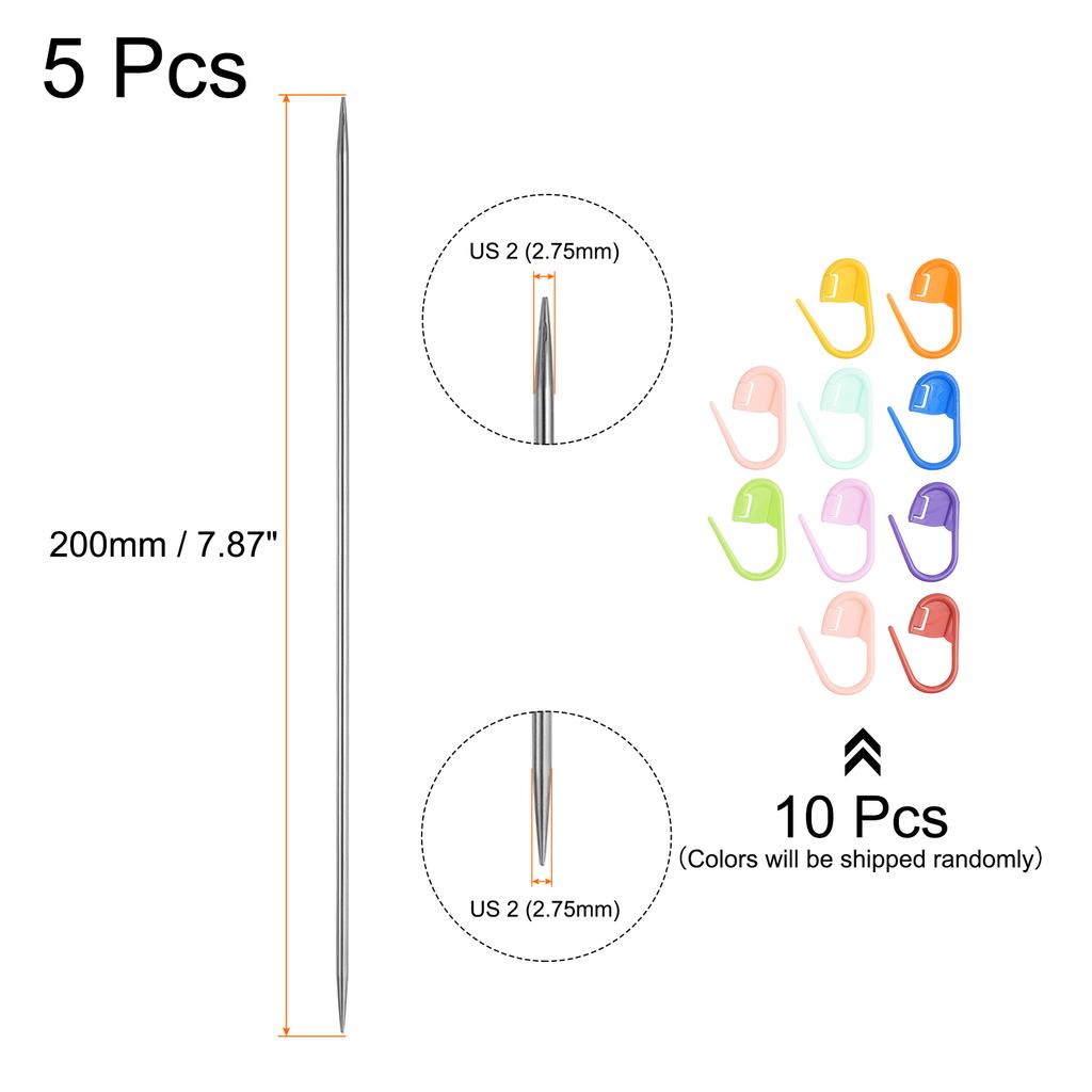 5Pcs US 3-6.5mm Double Pointed Knitting Needle 7.87 Inches Length Sweater Stitching Needles with 10 Stitch Marker
