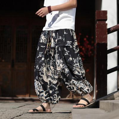Spring Summer Men Cotton Drapey Pants Men Dragon Print Loose Casual Wide Leg Pants Male Vintage Lightweight Lantern Trousers