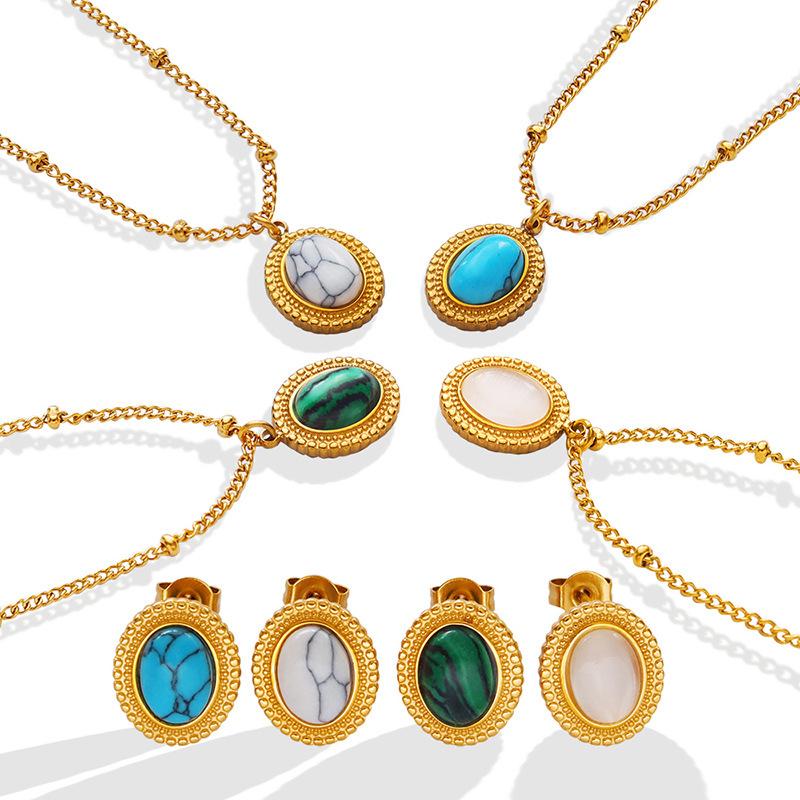 Französische böhmische Persönlichkeit Mode Retro Damen Oval Türkis Opal Intarsien Halskette Ohrringe Schmuck Set