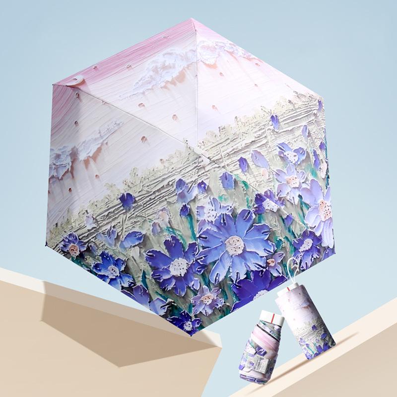 Bellissimo Ombrello Stampato con Fiori Pioggia Donna Ombrello Sole Cinque Pieghe Ombrello Pittura a Olio Signora Parasole Portatile