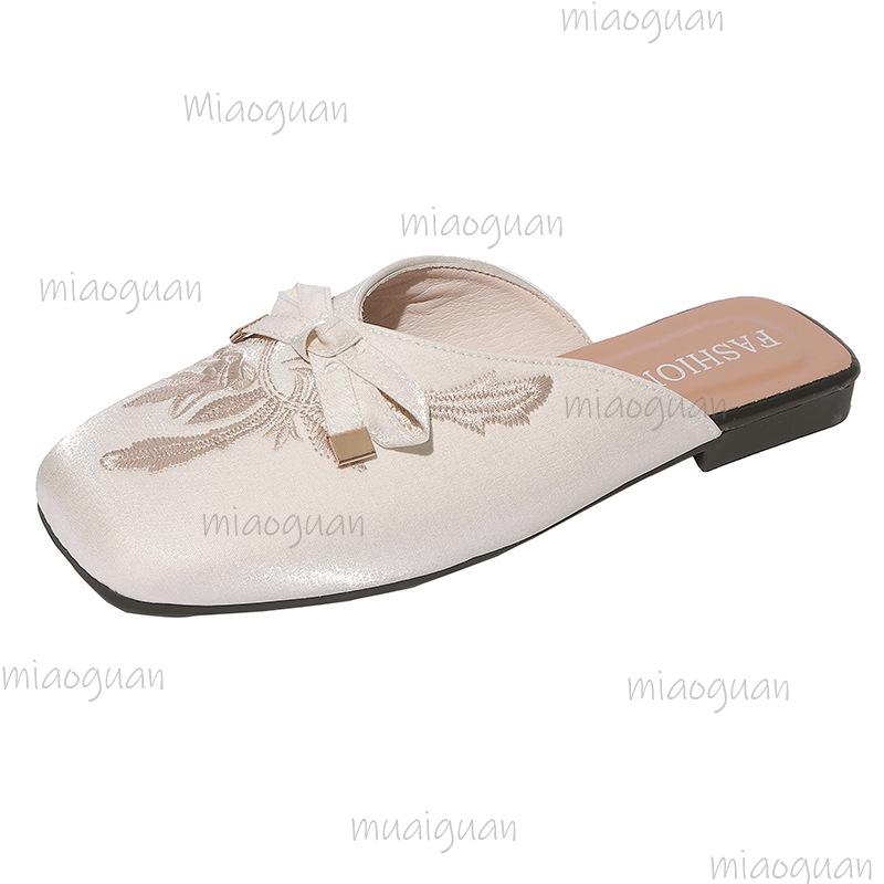 Fashion Chinese Style Embroidered Low Heel Mules Bow Square Toe Slip On Slides Women's Footwear Fashion Slippers Comfortable Shoes