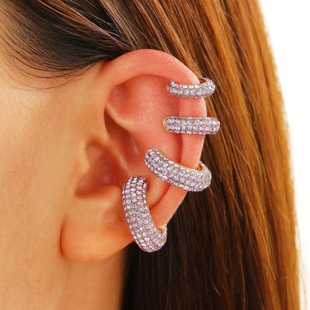 Retro Fashion C-Shaped Bling Ear Clips with Colored Diamonds - Trendy No-Pierce Earrings
