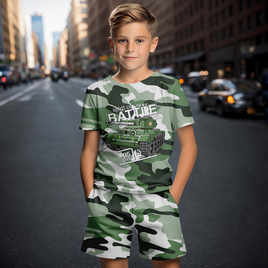 Summer Round Neck 3D Camouflage Printed Set Fashionable and Casual Short Sleeved Shorts Children's Boy Clothing Sets
